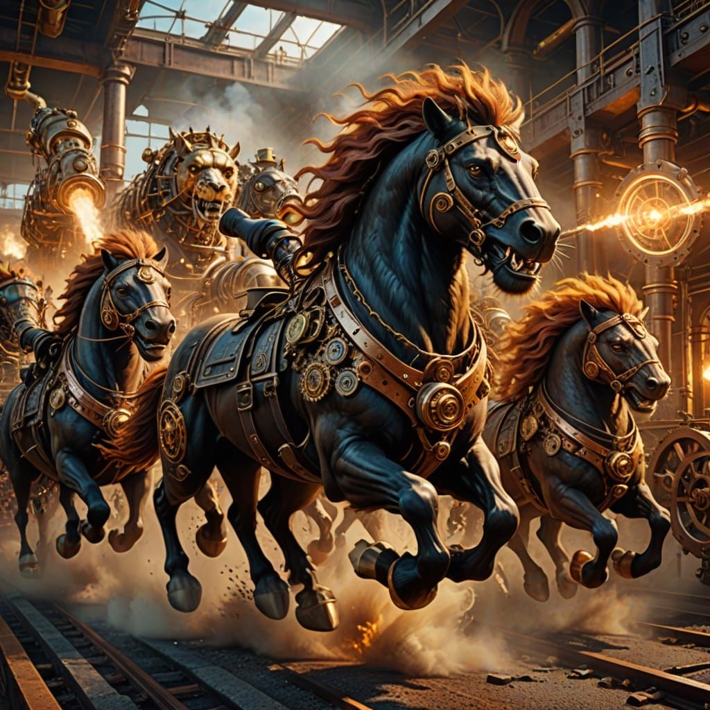 Steampunk Horses and Lion in Golden Light