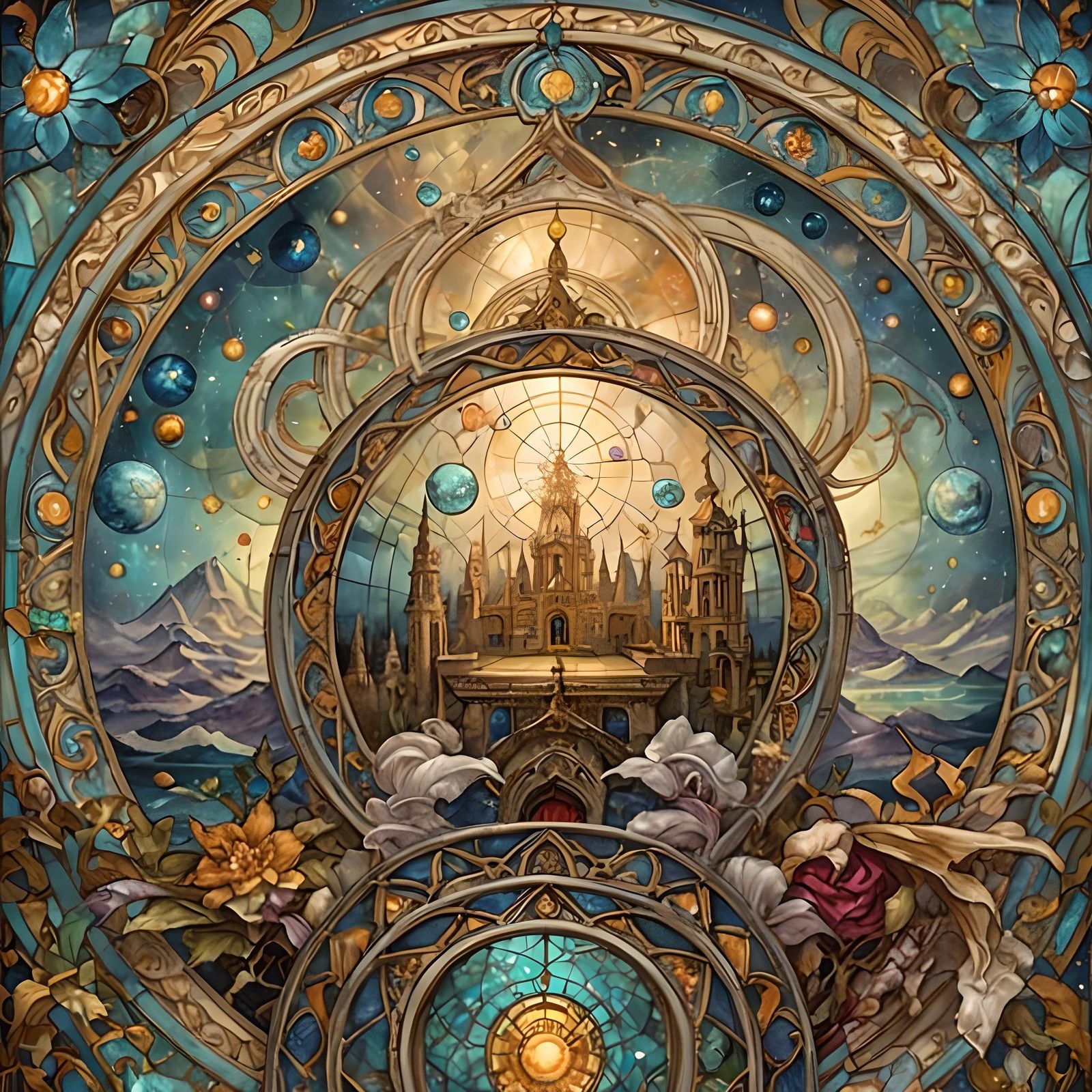 Fantasy Stained Glass Window in Art Nouveau Style