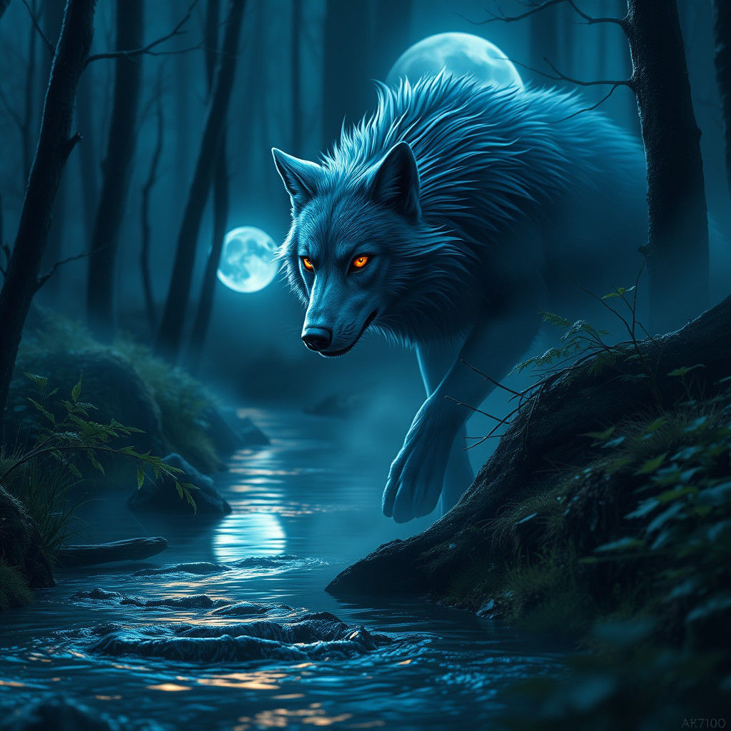 Night-Blue Wolf in Dark Forest: Fantasy Concept Art