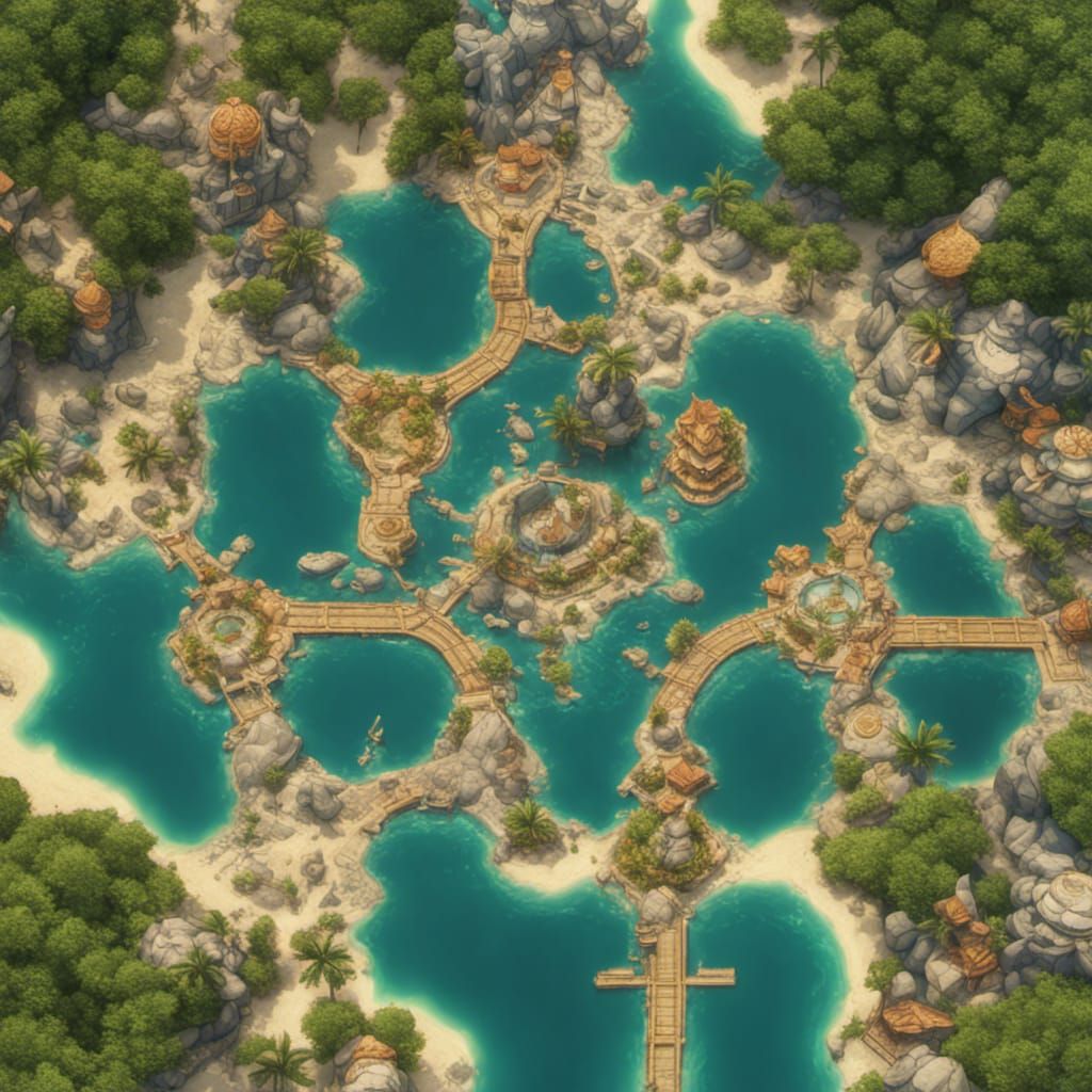 Tropical Fantasy Harbor Map with Hex Grid Overlay