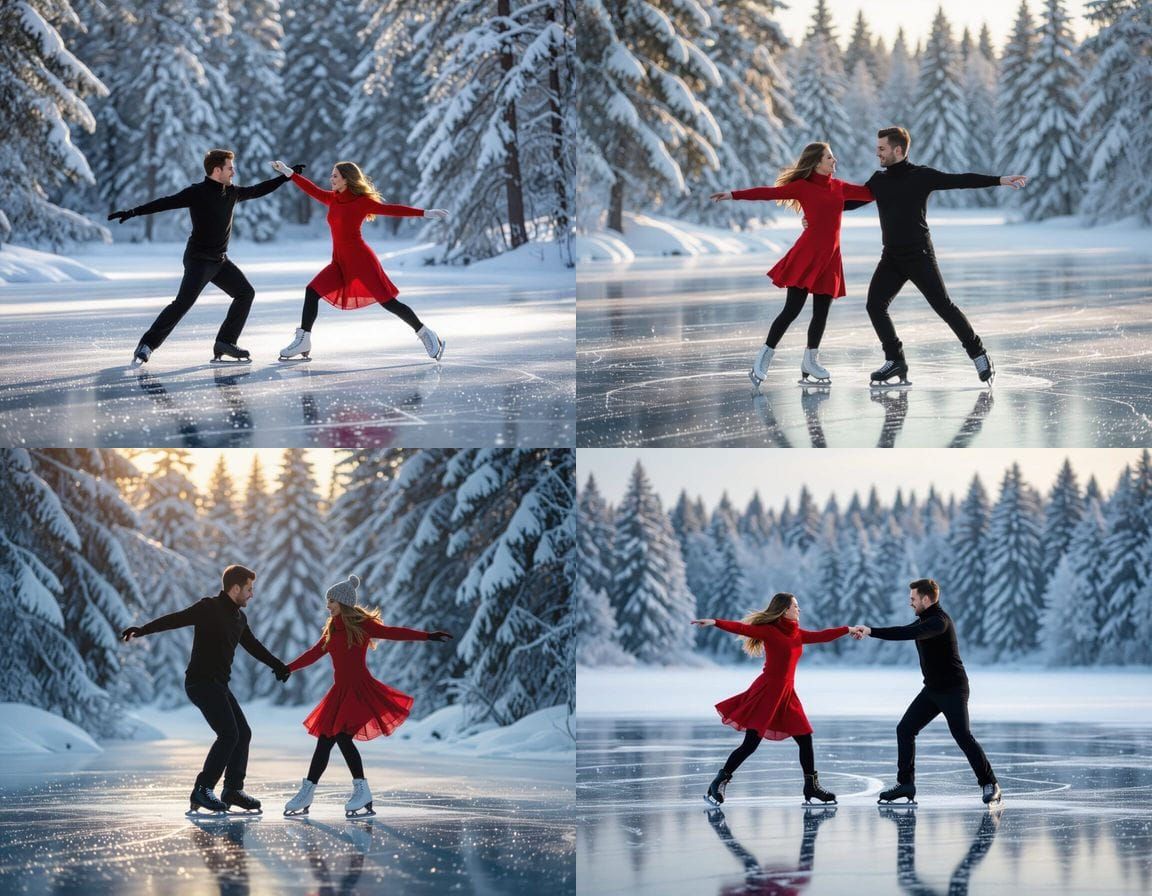Couple Ice Skating on Frozen Forest Lake
