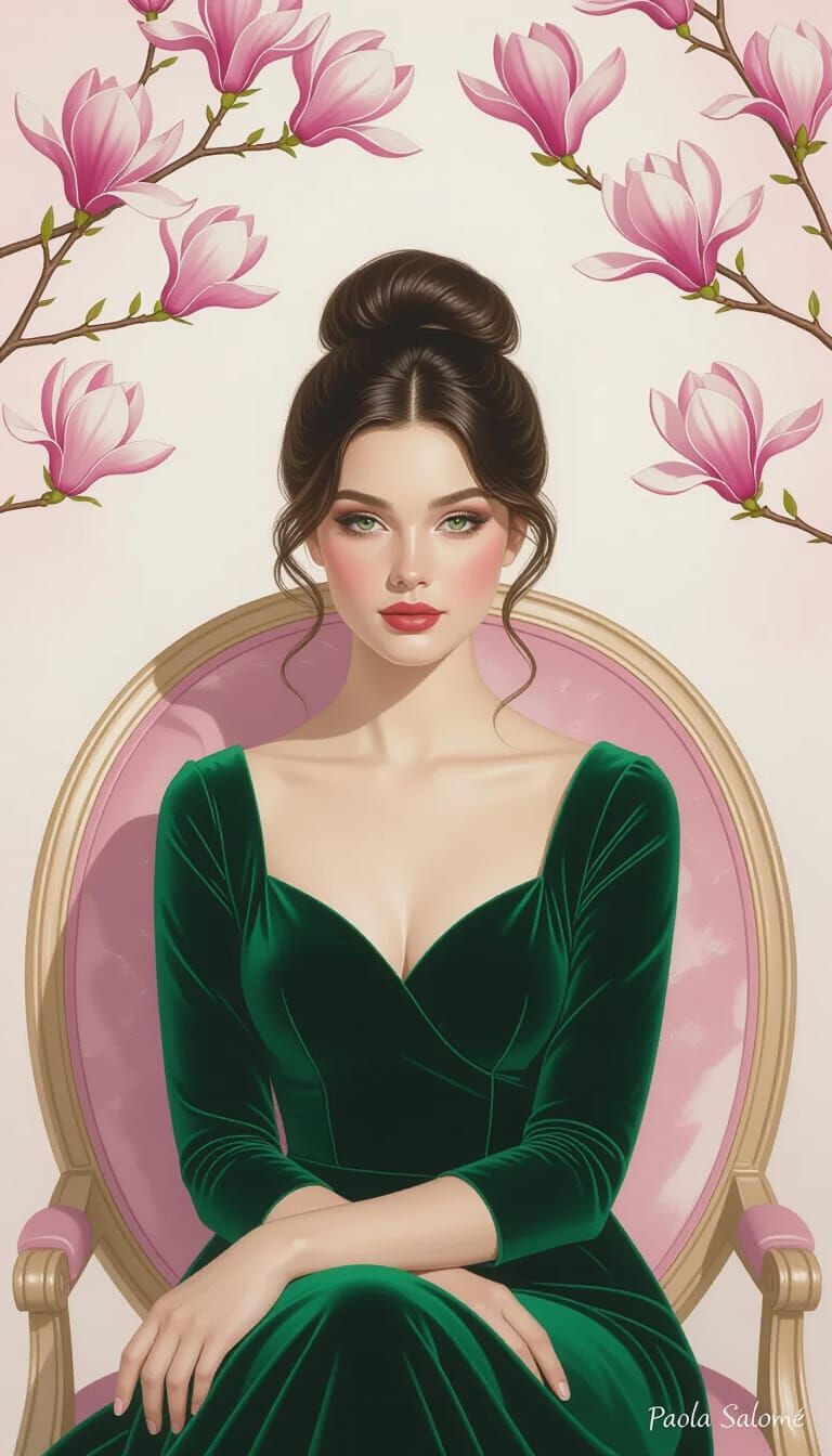 Dreamy Woman in Emerald Dress Amidst Magnolia Blooms