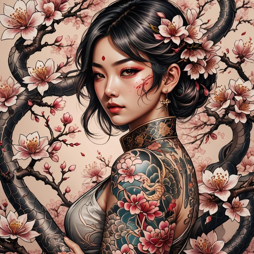 Dragon Tattoo Art with Cherry Blossoms in Japanese Style