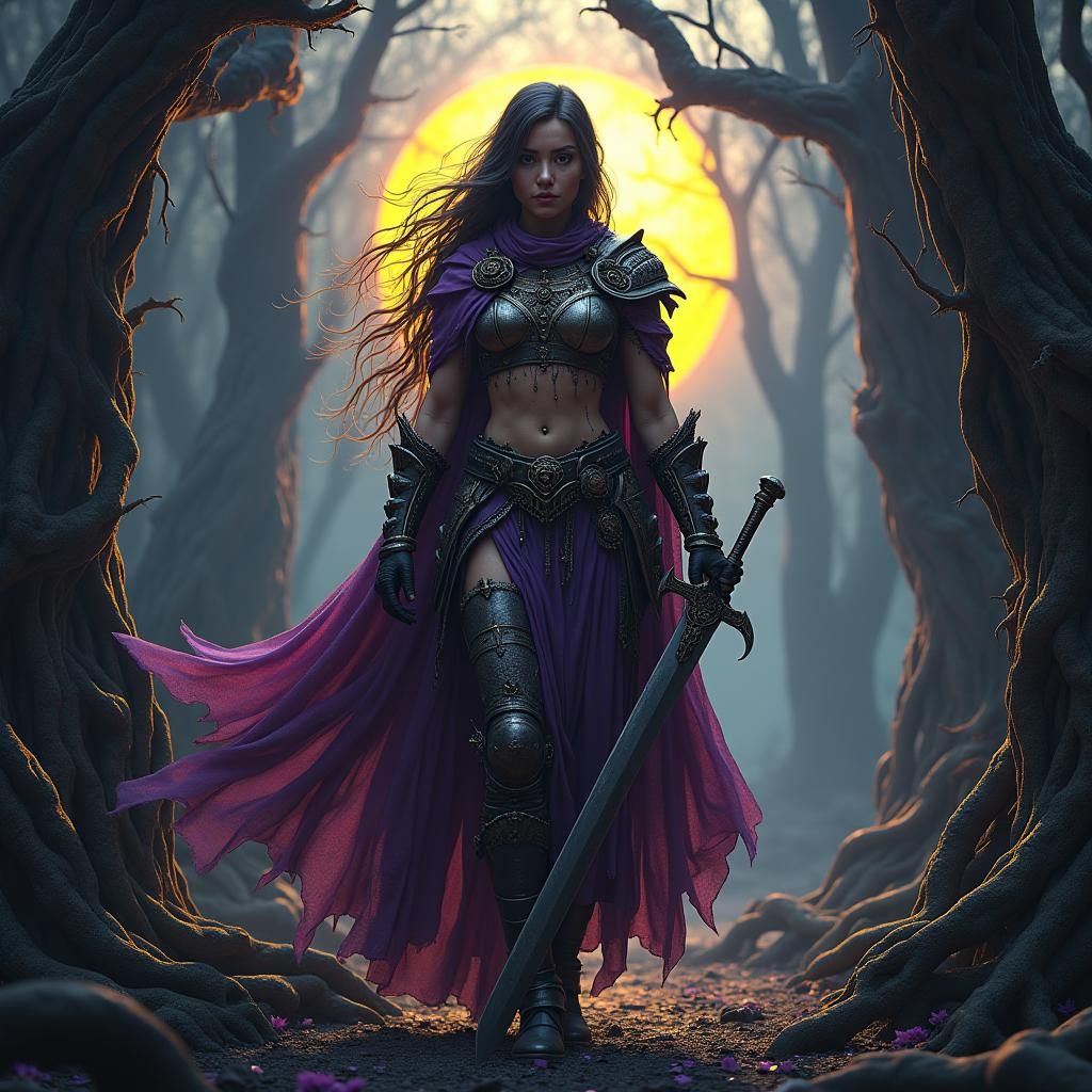 Warrior Princess in Ruined Forest, Art Nouveau Style