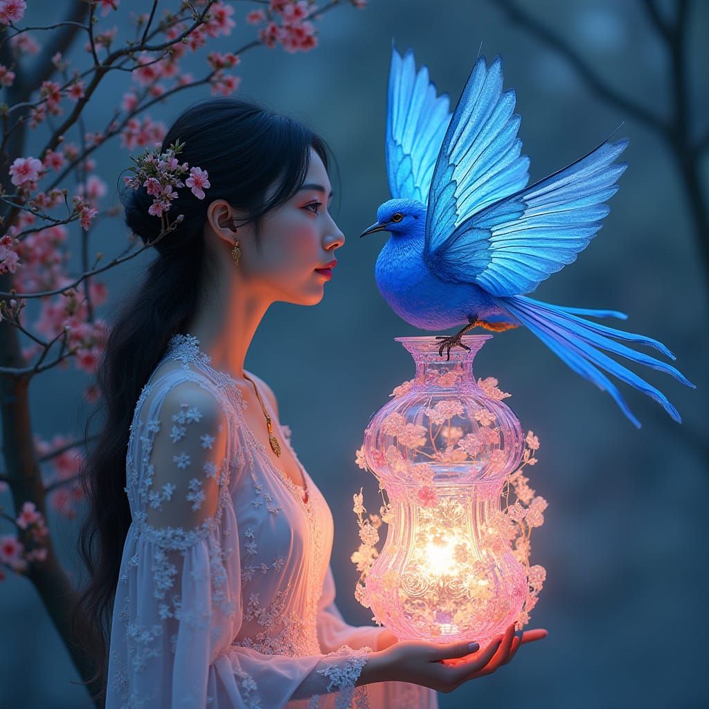 Elegant Woman with Bird in Lantern, Digital Art