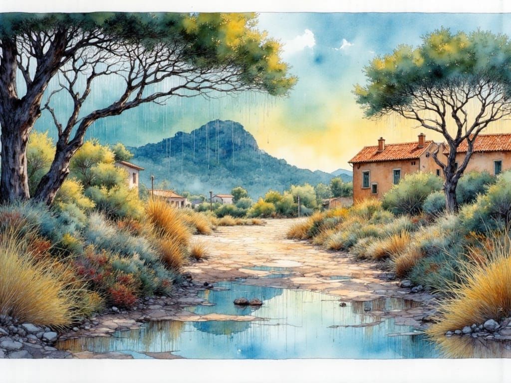 Summer Rain Shower in Soller: Watercolor Painting