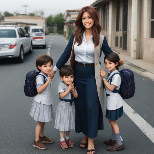 Smiling Mother Escorting Three Children to School