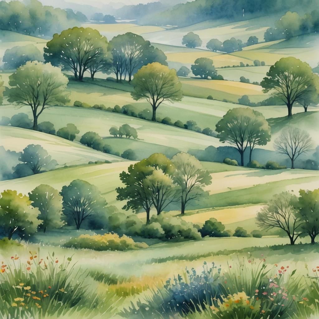 Ethereal Countryside Scene in Dreamy Watercolor Style