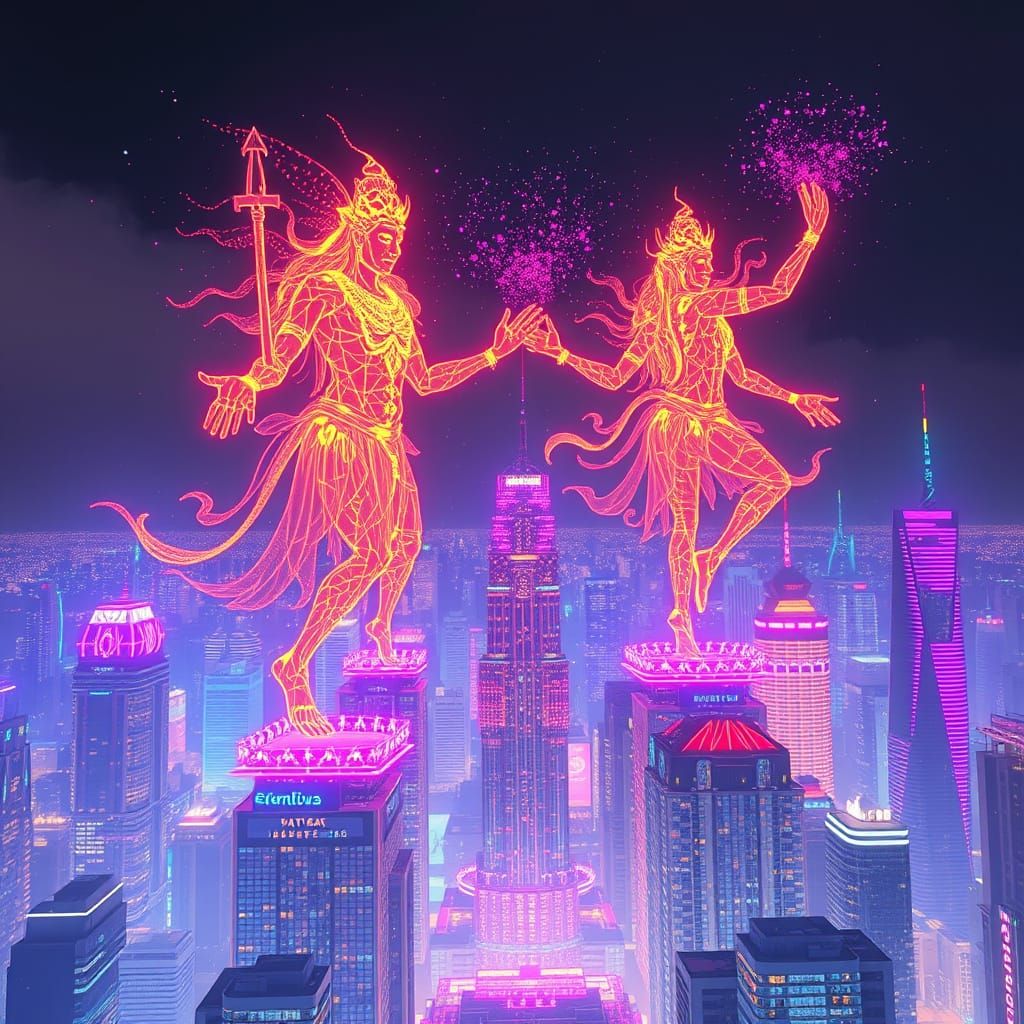 Cyberpunk Deities Unleash Fractal Chaos in Vibrant Neon Metr...