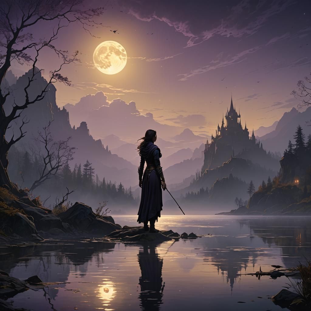 Mysterious Howl: Dark Fantasy Lake Scene