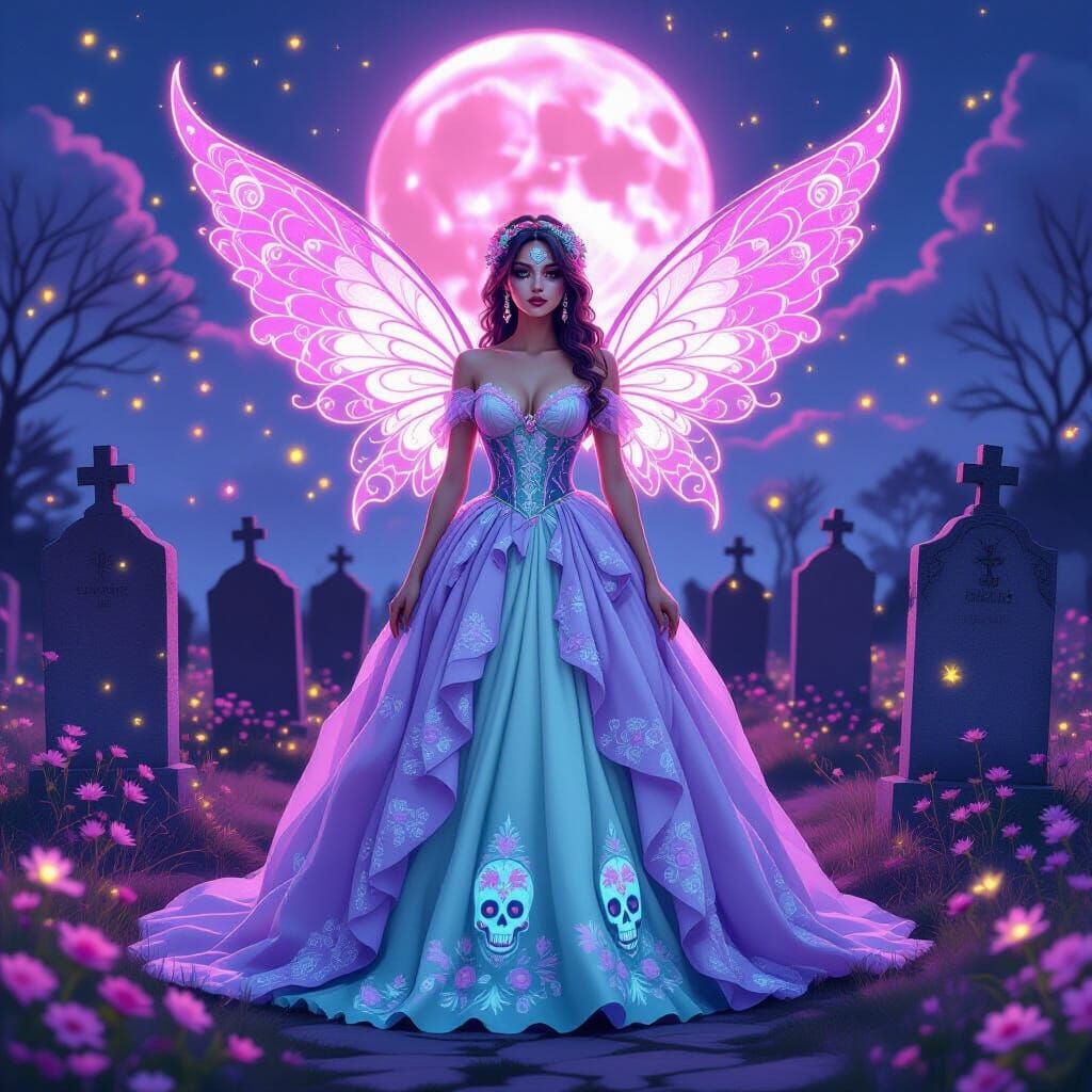 Pastel Gown with Sugar Skull Embroidery, Dreamy Aesthetic