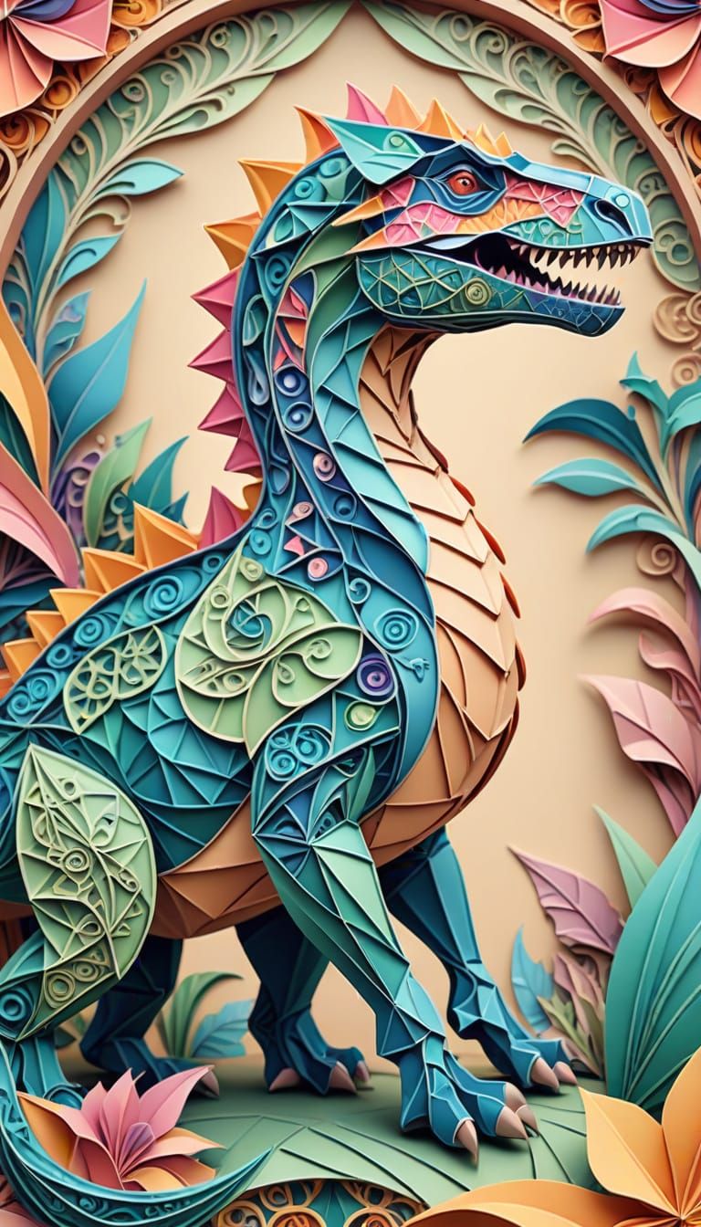 Art Nouveau Origami Dinosaur with Zentangle Patterns