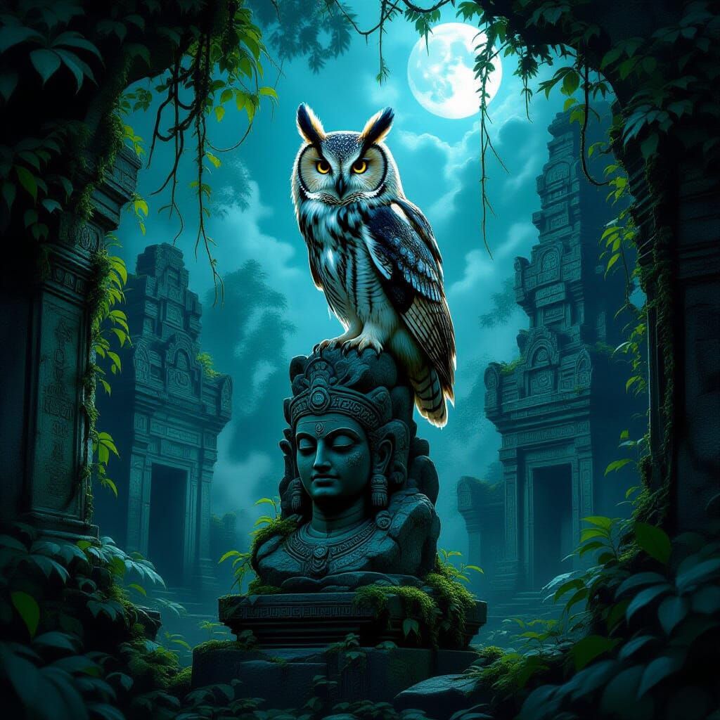 Spectral Owl on Statue in Moonlit Jungle City