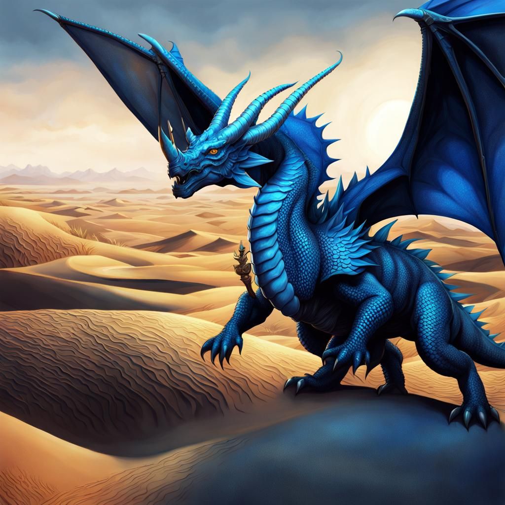 Hyper-Realistic Blue Dragon in Dark Fantasy Setting