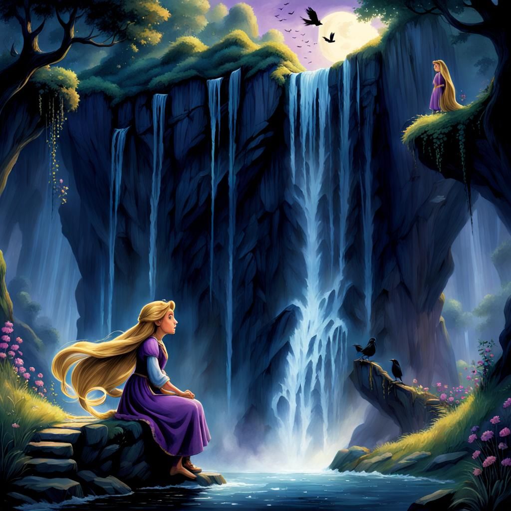 Rapunzel's Descent in Dark Fantasy Style