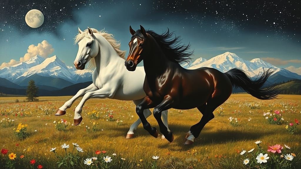 Ethereal Wild Horses in Whimsical 18th-Century Rococo Style