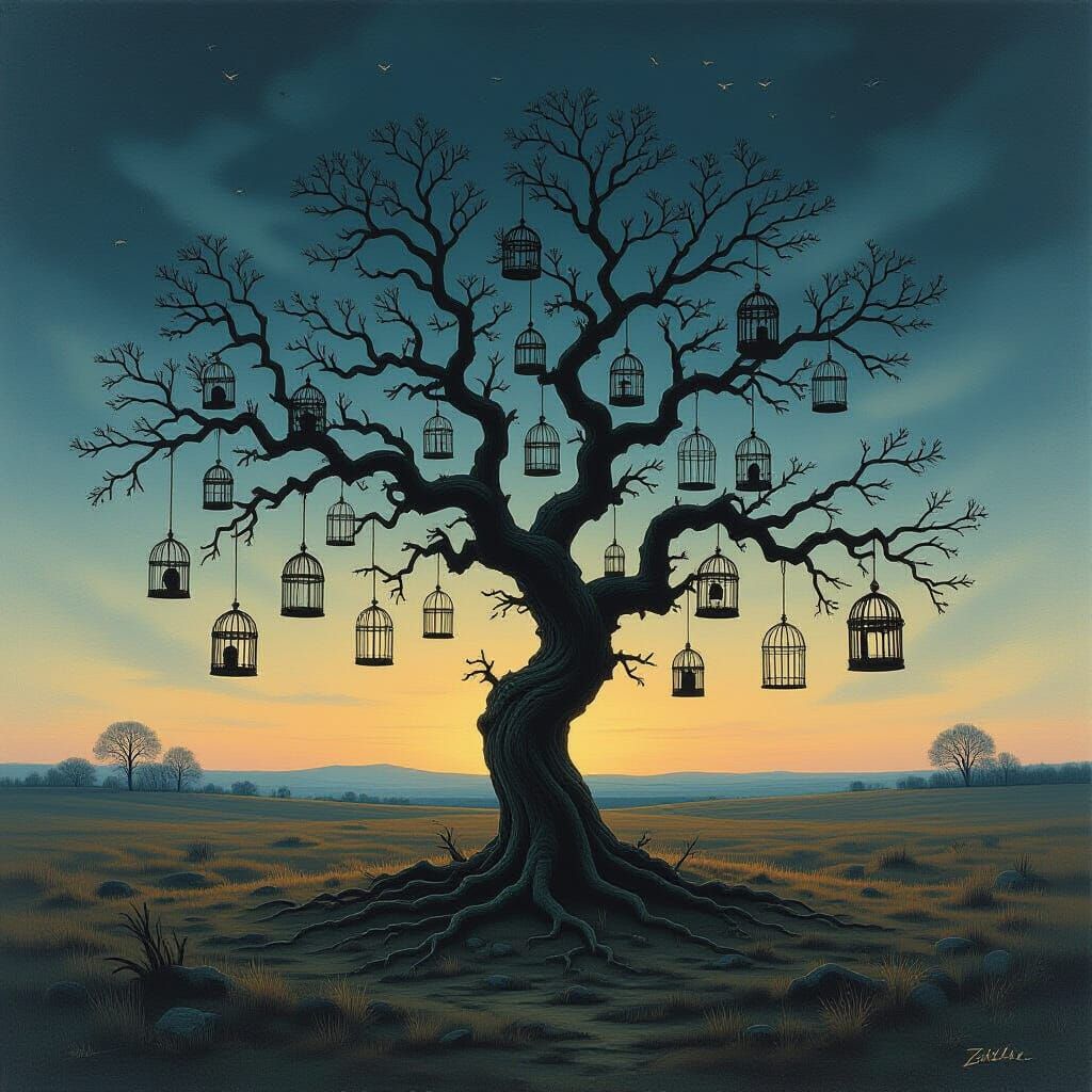 Ancient Tree with Birdcages in Surreal Twilight Landscape