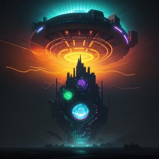 Towering Cake Spaceship with Glowing Accents as Digital Art