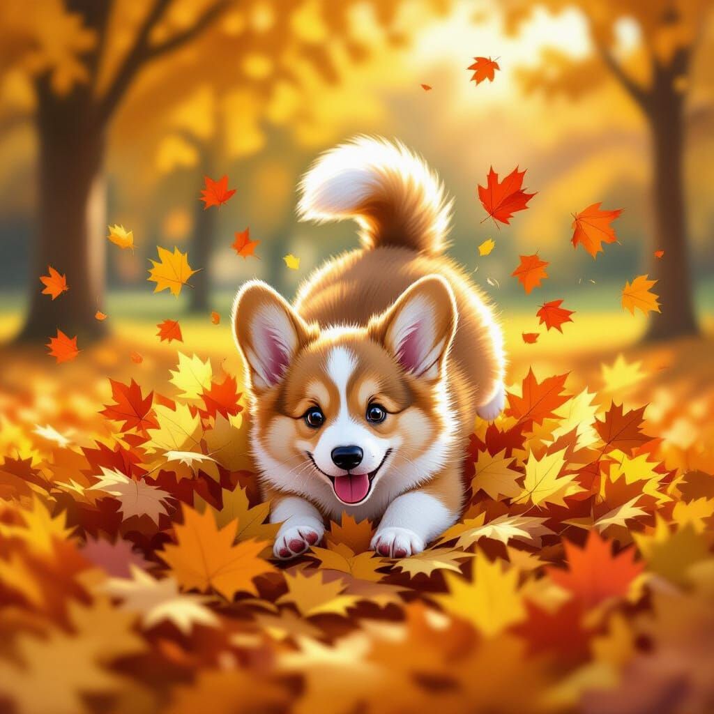 Joyful Corgi Puppy Dives Into Autumn Leaves