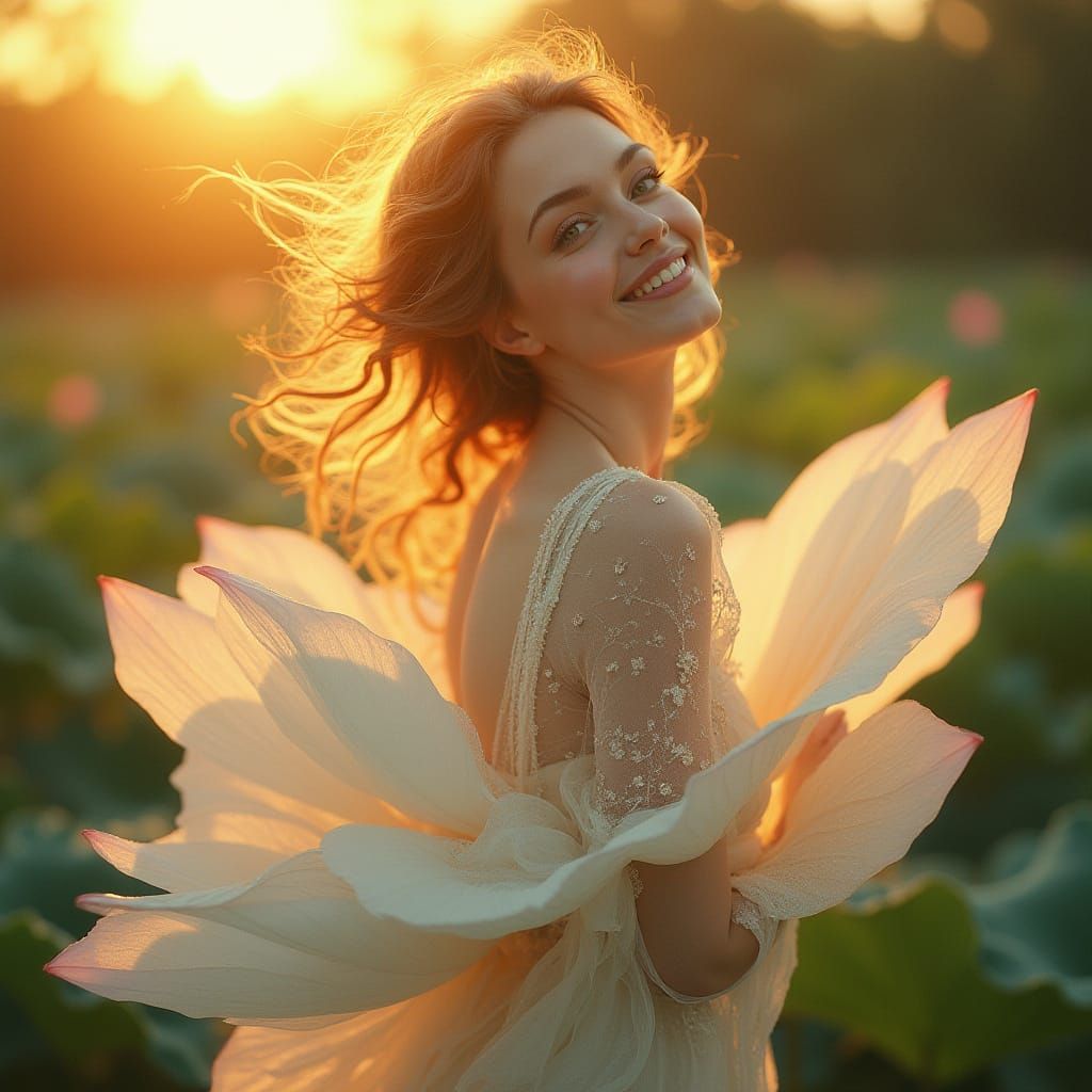 Serene Goddess of Dawn Emerges from Lotus Flower in Soft Gol...