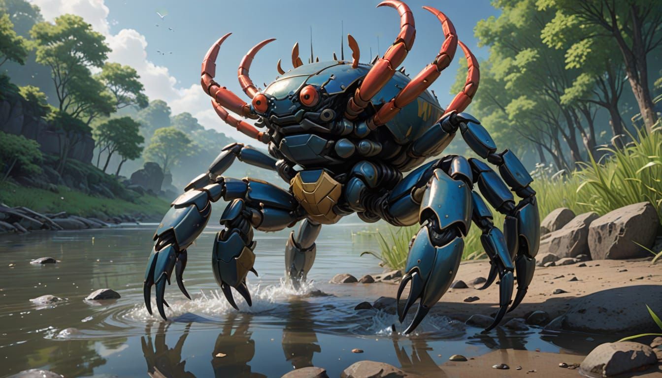 Anime-Style Boot Crab Character by the River