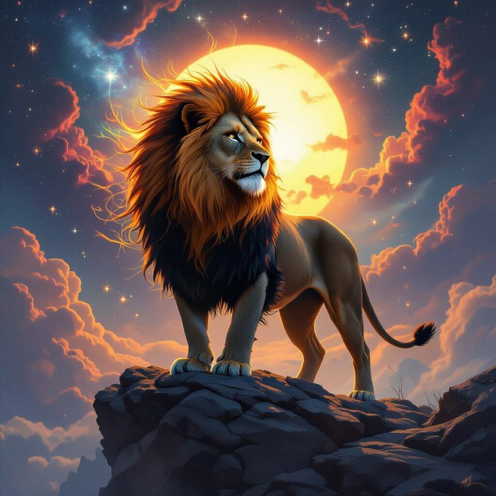 Fiery Lion on Rocky Crag: Hyperrealistic Cosmic Art