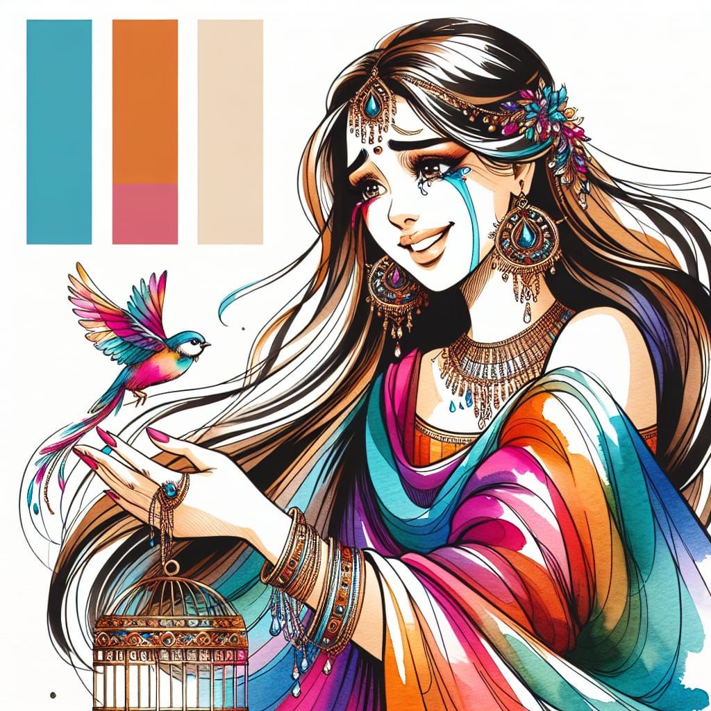 Woman Sets Free a Delicate Bird in Vibrant, Minimalistic Sty...