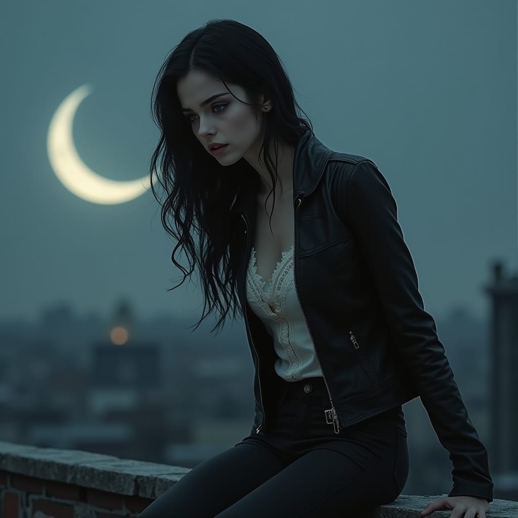 Ethereal Young Woman Contemplates Moonlit Rooftop Scene in M...