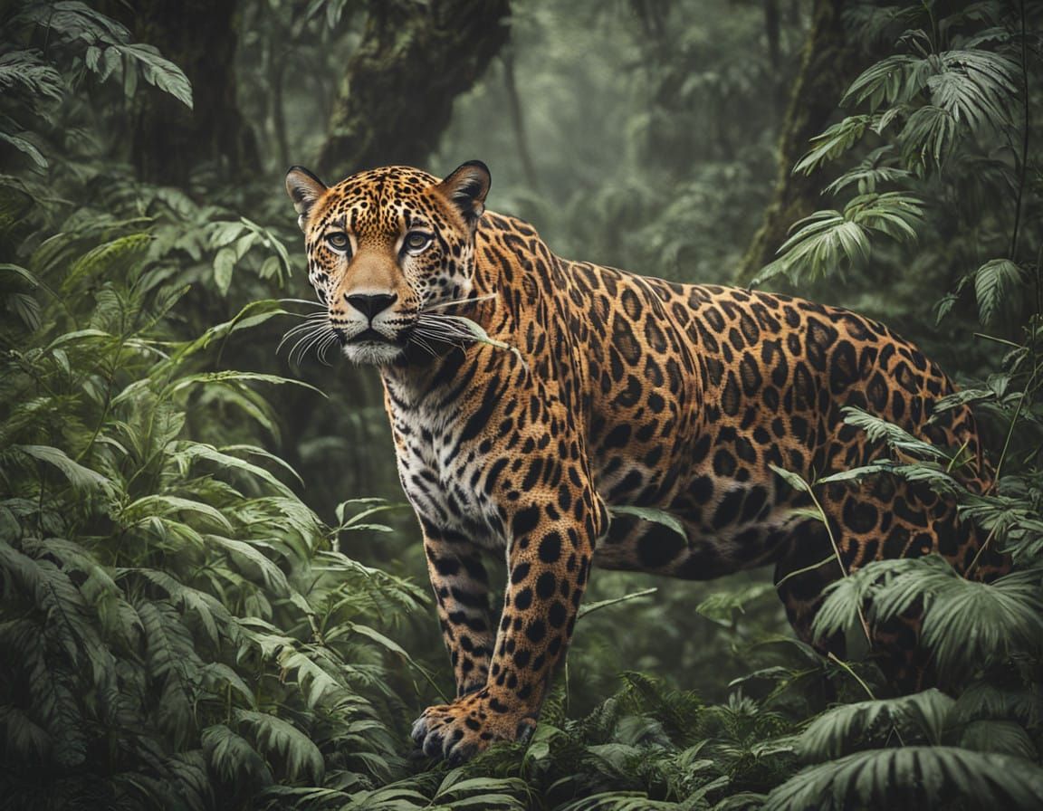 Majestic Jaguar Rises from Jungle Undergrowth