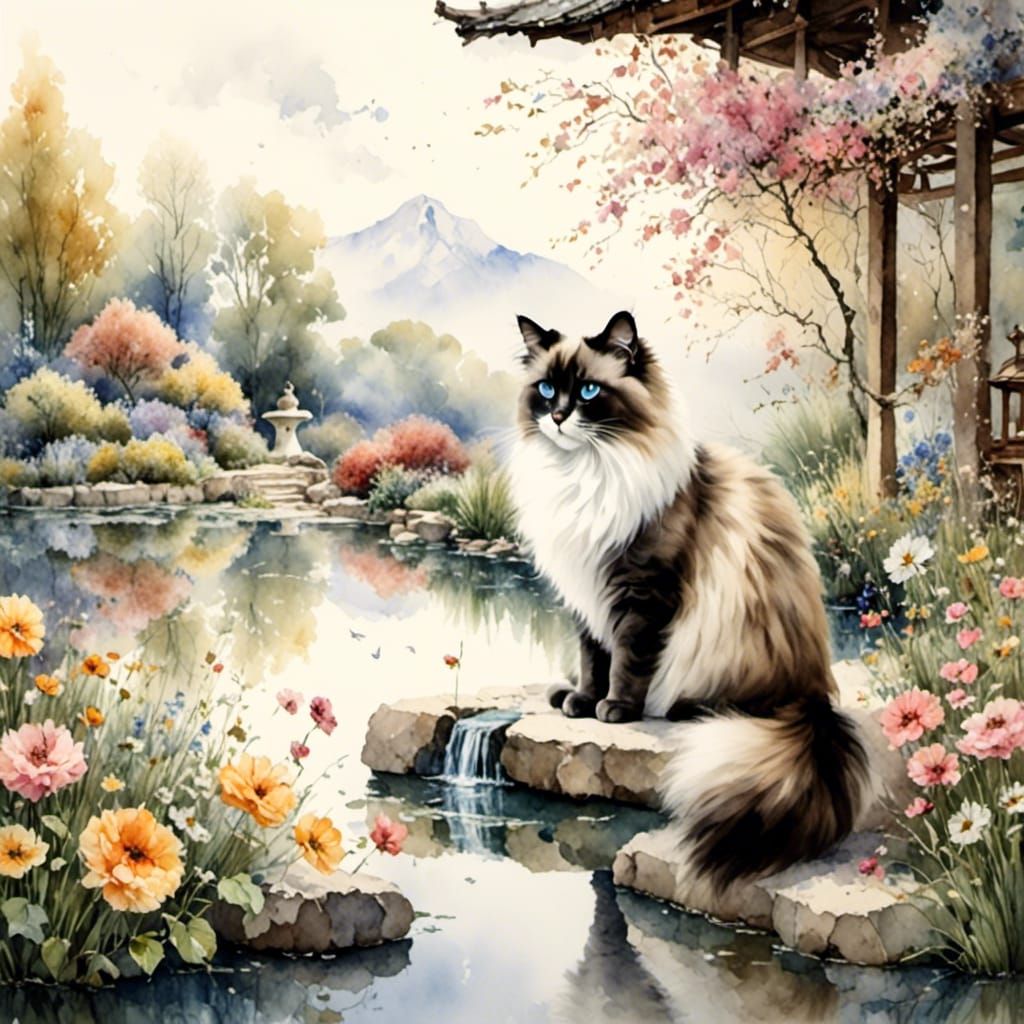 Ragdoll Cat in Zen Garden with Large Eyes
