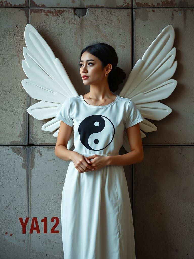 Cyberpunk Angel Icon on Concrete Wall