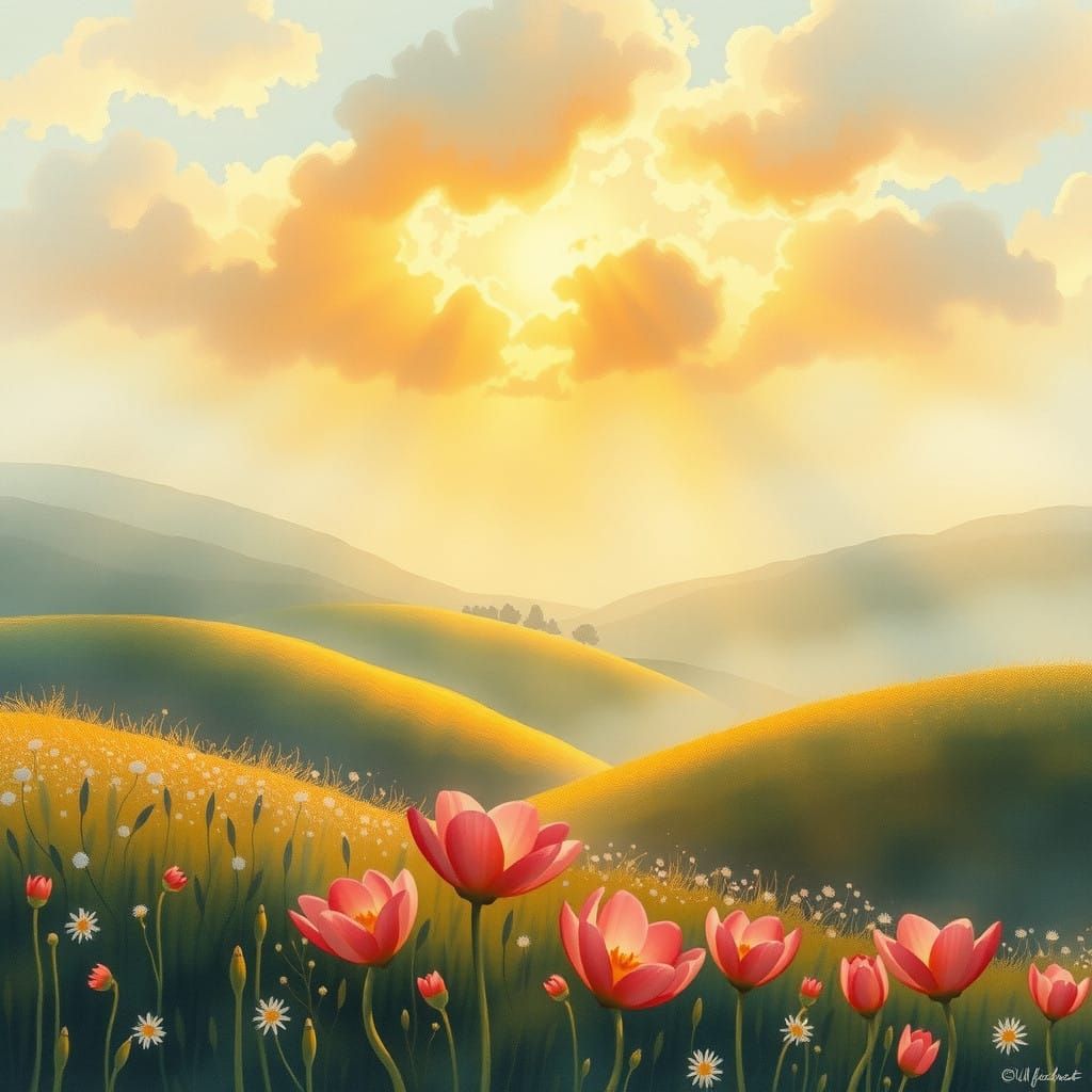 Dawn's Golden Glow in Impressionist Landscape