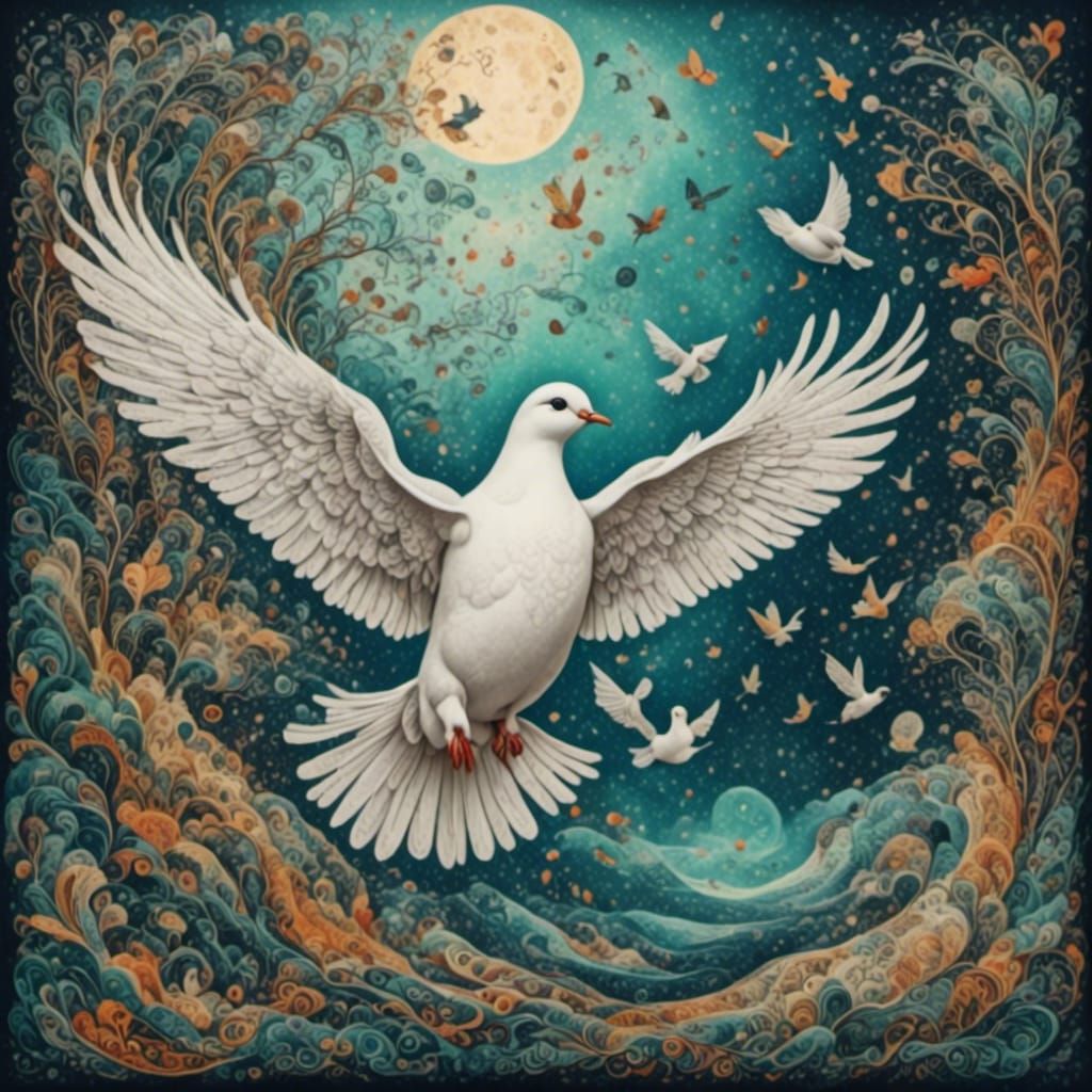 A white dove flying in sunlight to heaven