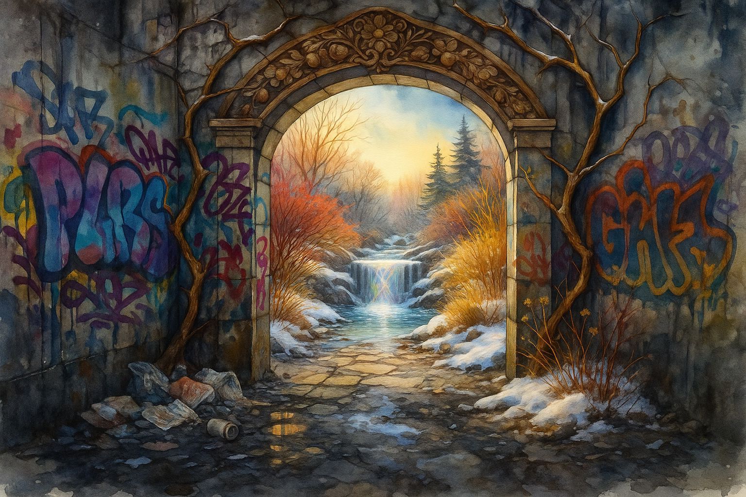 Secret Winter Garden Through Graffiti Doorway