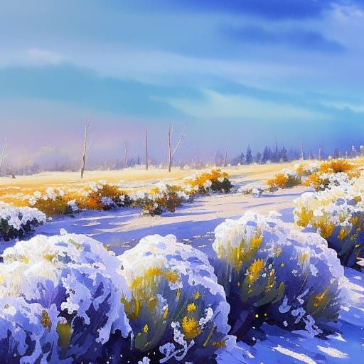 Snow-Covered Winter Flowers in Gouache Watercolor