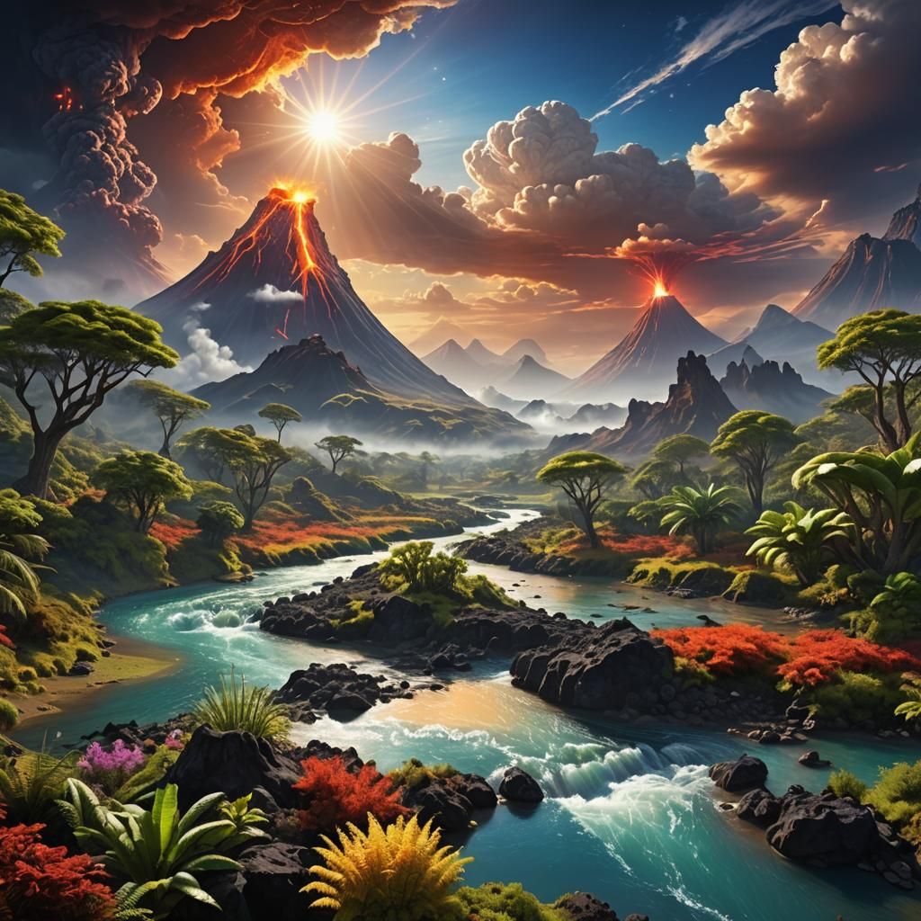Exotic River Landscape on Alien Planet with Volcano