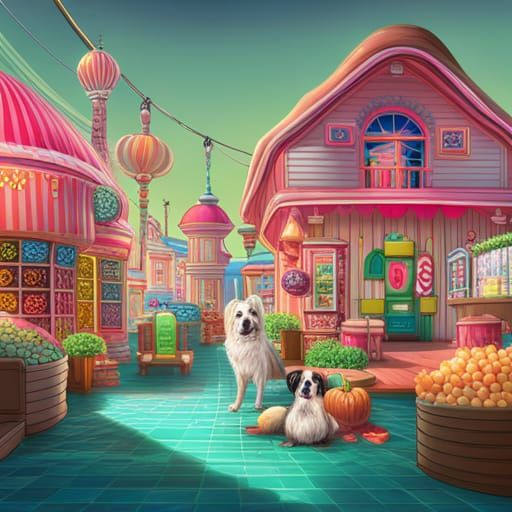 Dog in Candy House: Hyperrealistic Digital Illustration