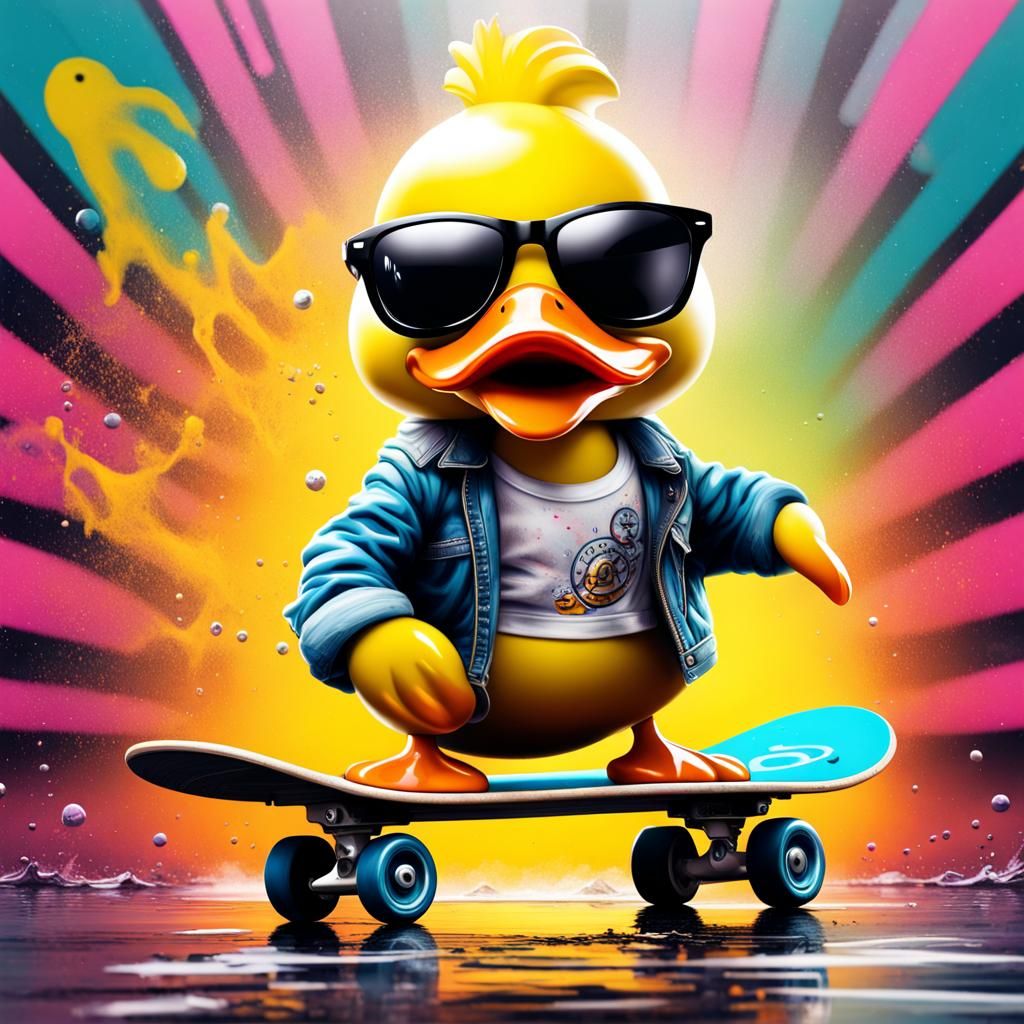 Skateboarding Rubber Duck on Saturn in Graffiti Style