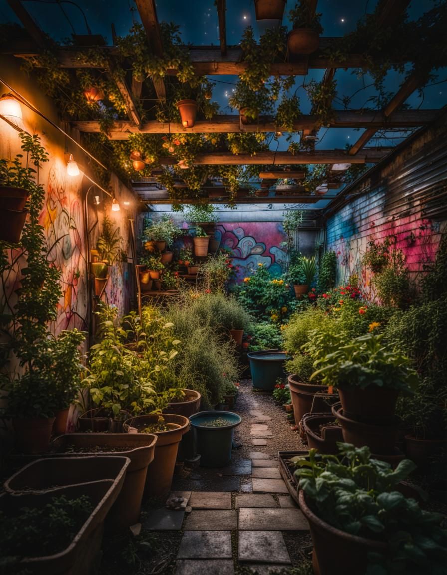 Hopeful Urban Garden at Night Under Starry Sky