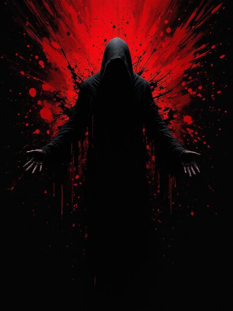 Eerie Faceless Figure in Black Hood with Red Splatter