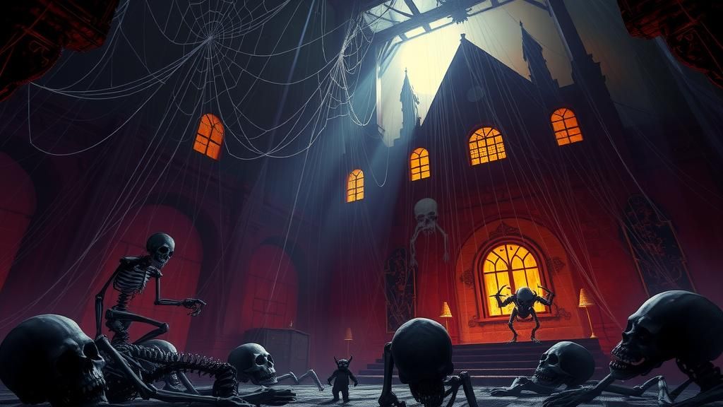 Haunted House with Skeletons and Goblins in Dark Fantasy Sty...