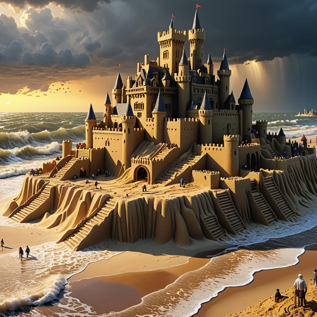 Golden Sandcastle Cityscape at Sunset in Hyperrealism