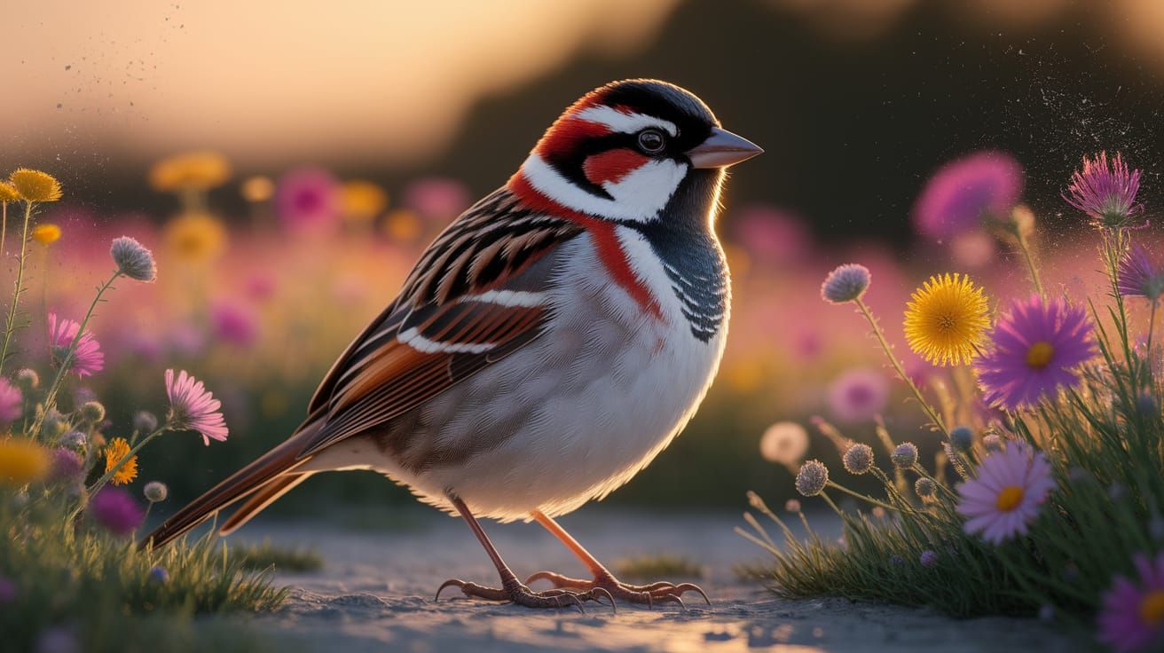 Harris's Sparrow in Wildflower Field: Hyperrealistic Art