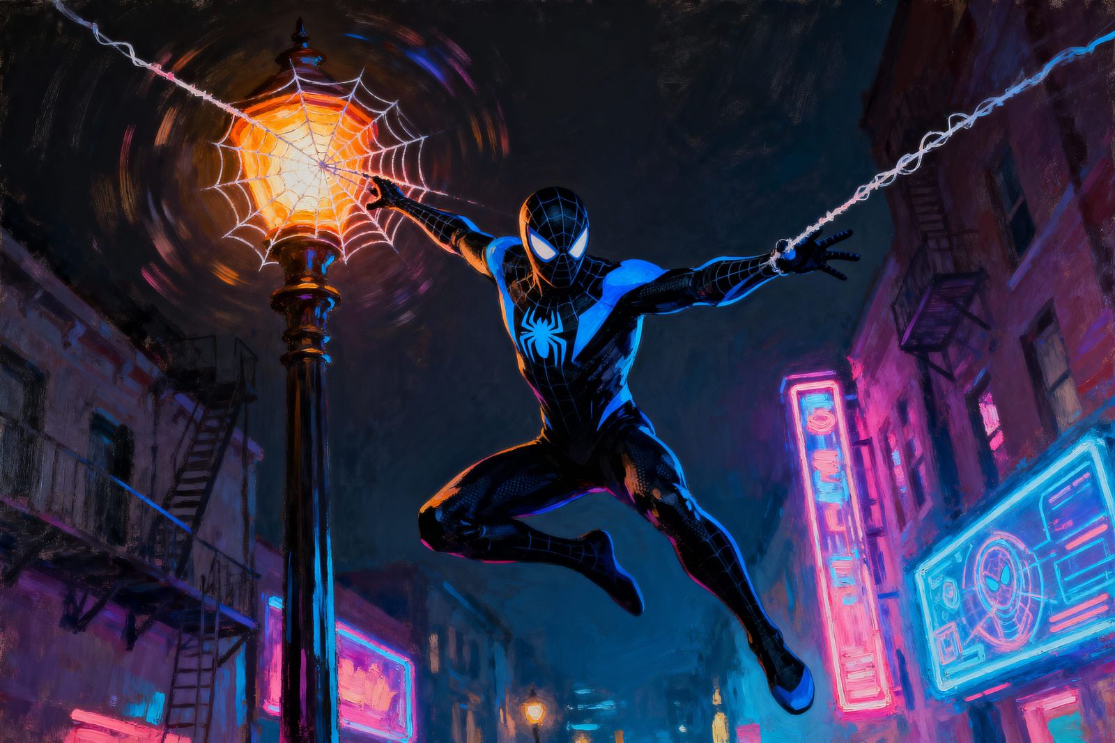 Spiderman 2099 Swings on Street Lamp in Oil Painting Style