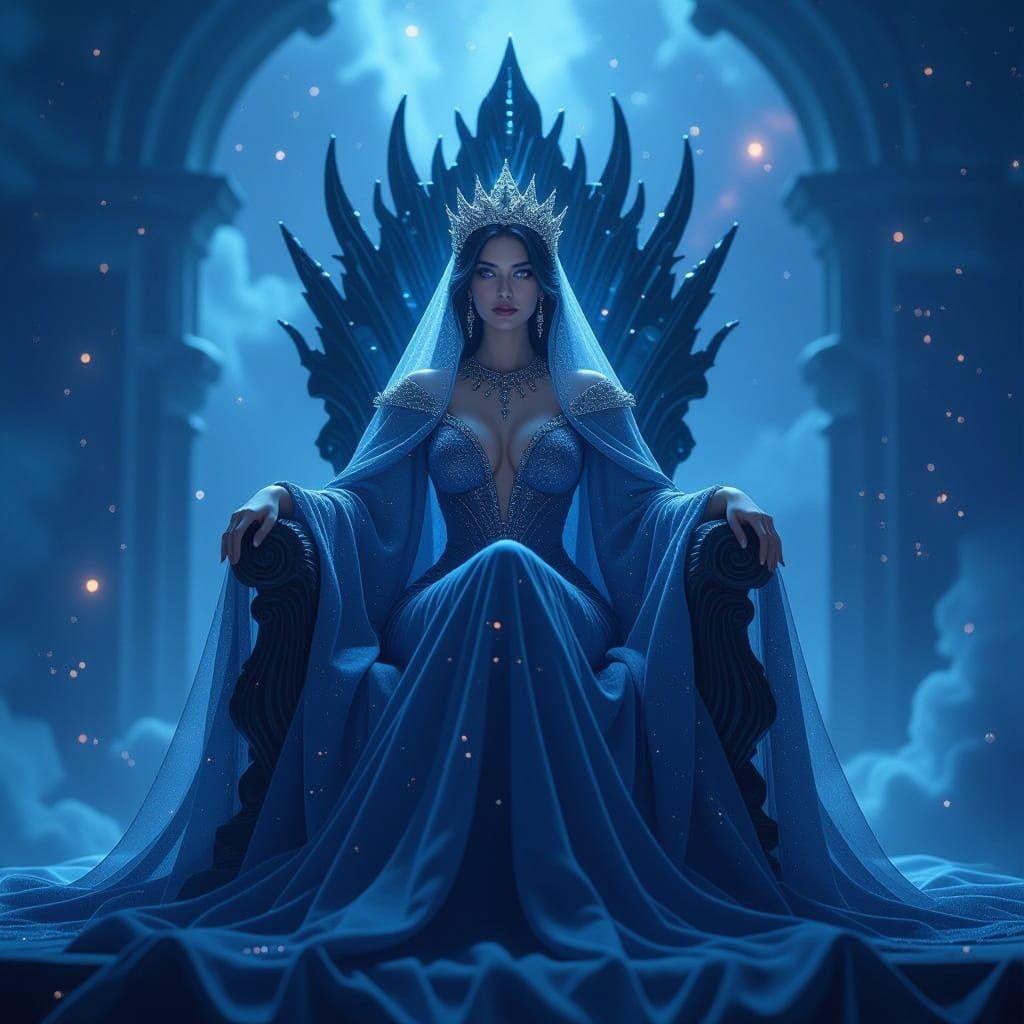 Celestial Queen on Nebula Throne: Detailed Matte Painting