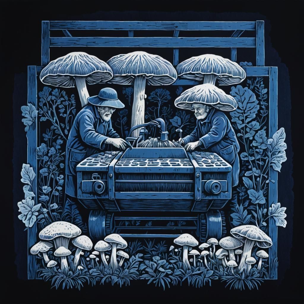Italian Activists Tending Giant Mushrooms in Linocut Style
