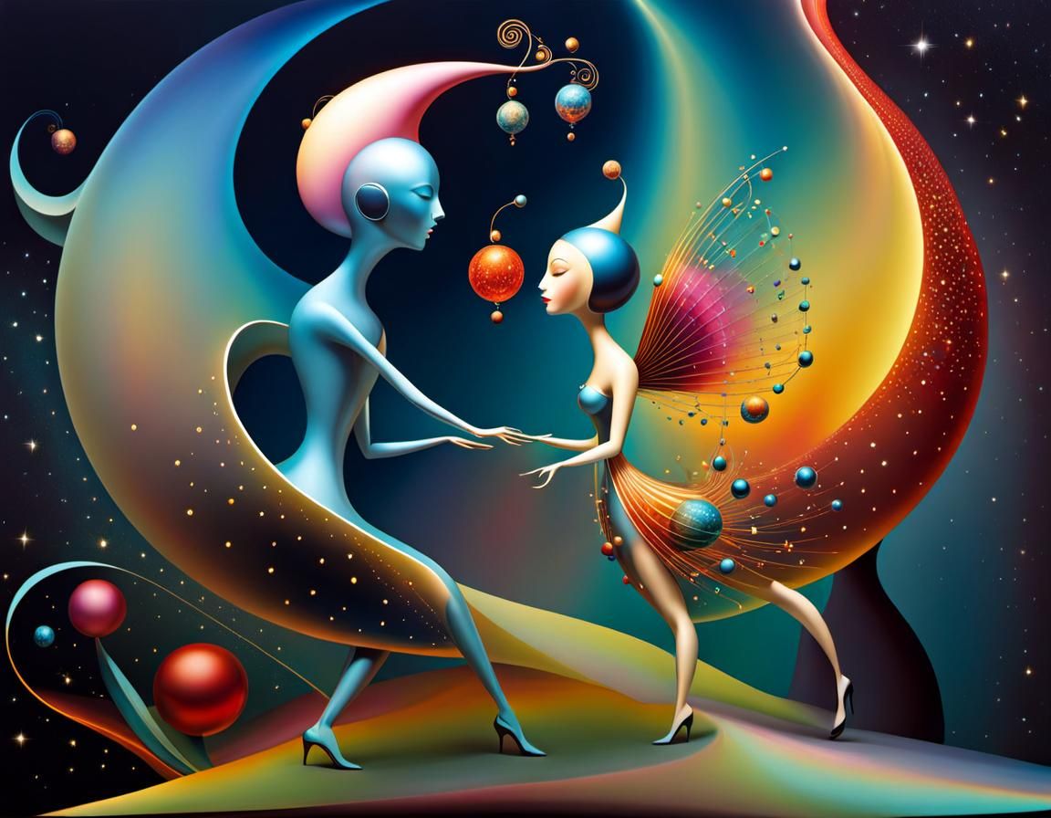 Intricate Atomic Universe Inside Dancing Figures