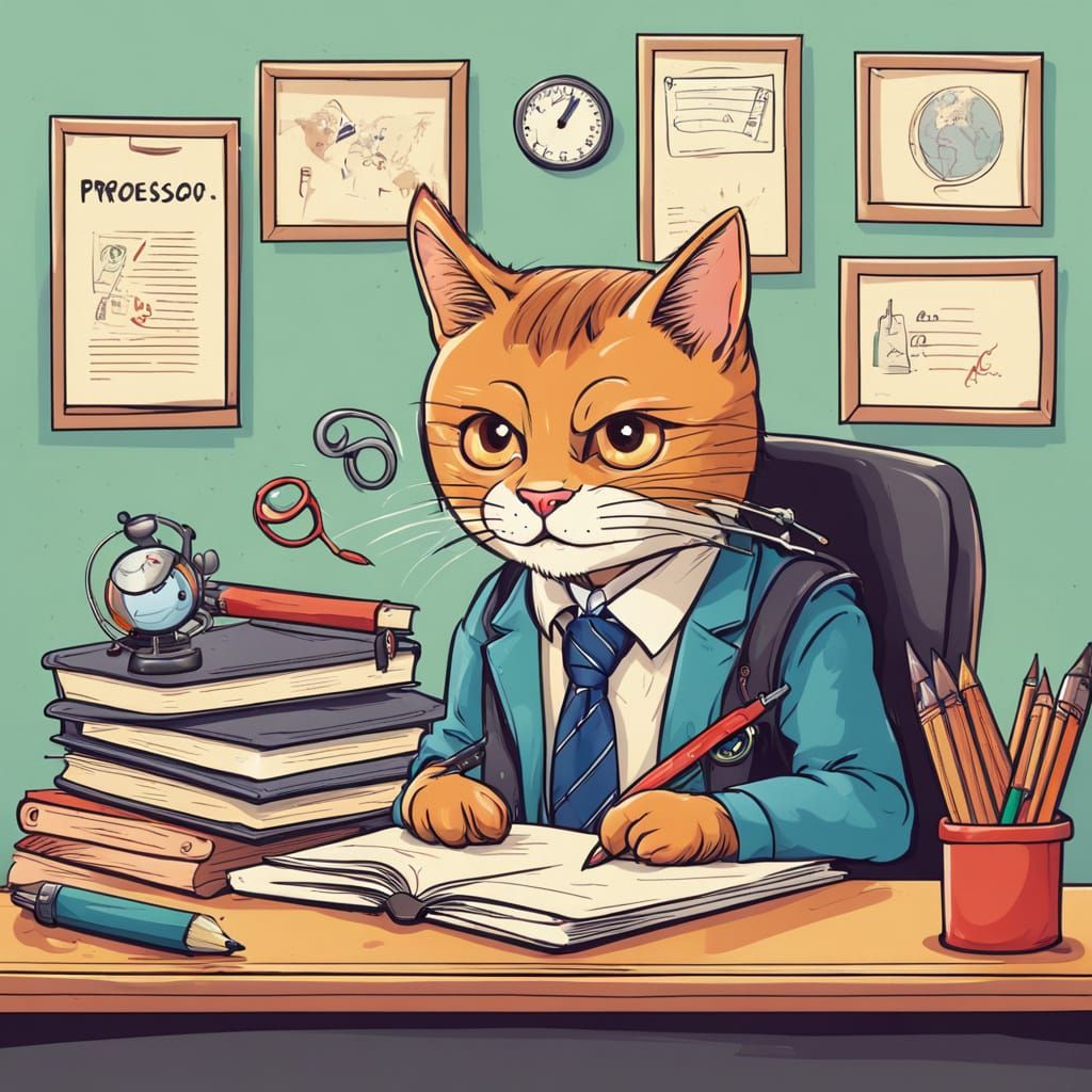 Cat Professor Writing on Blackboard at School