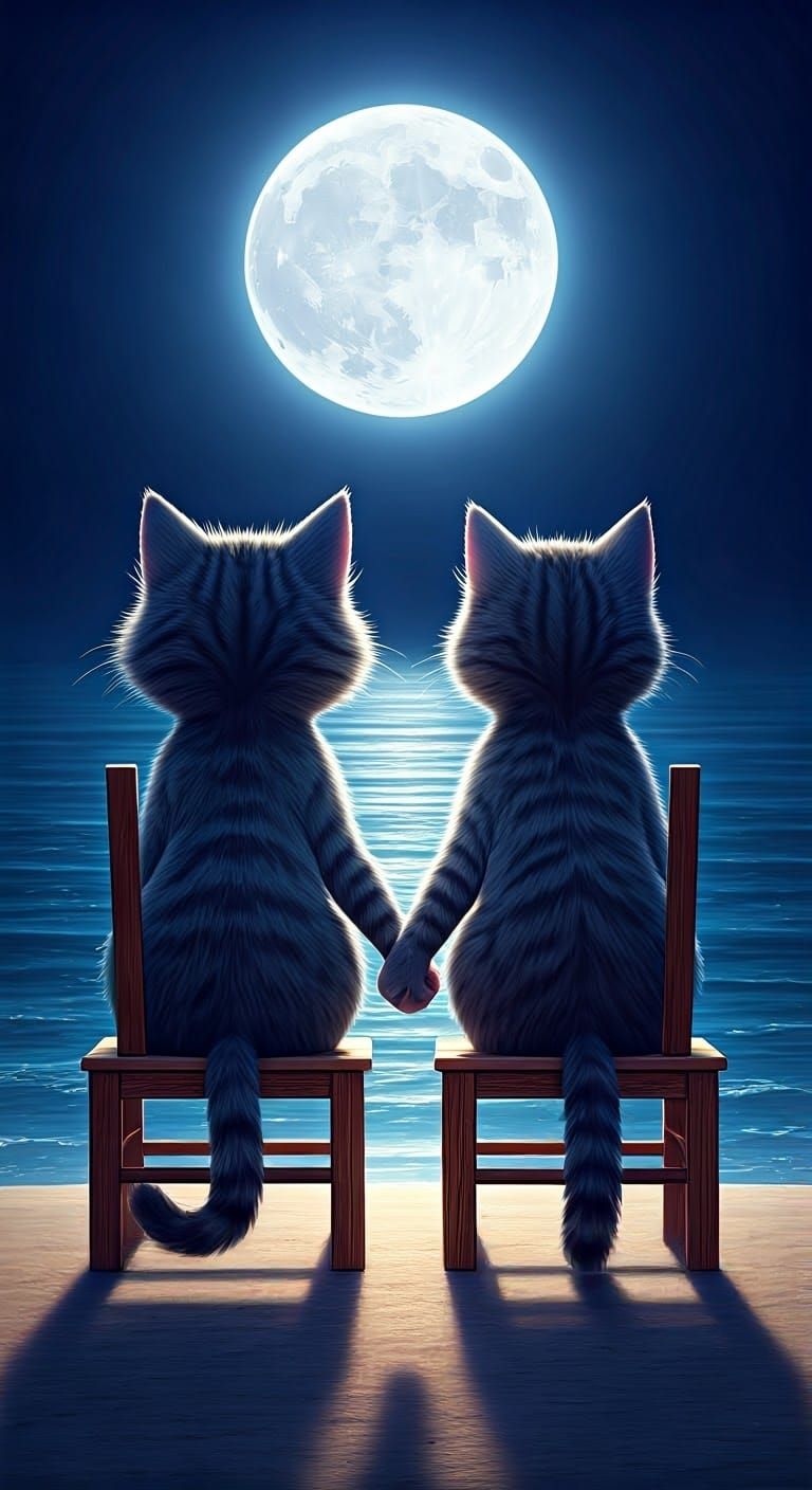 Whimsical Grey Kitties Gaze at Moonlit Sea