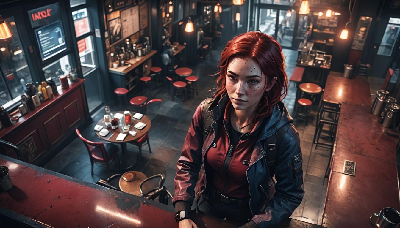 Techwear Woman in Cafe, Photorealistic Concept Art